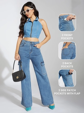 Women's Blue Wide-Leg High-Rise Heavy Wash Stretchable Cargo Denim Jeans Stylish Vibes