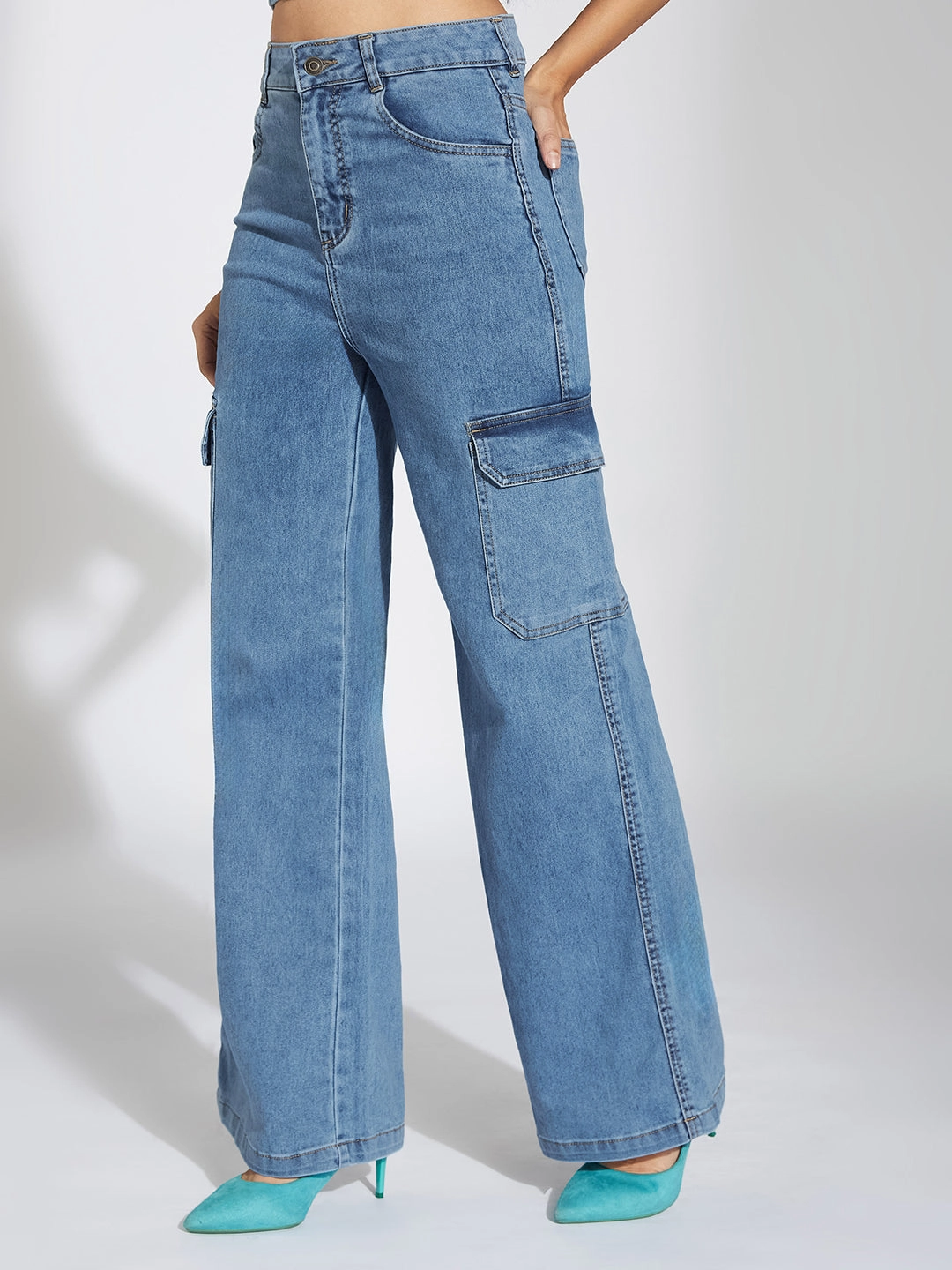 Trend Setter Chill Outfit Student Outfit Women's Blue Wide-Leg High-Rise Heavy Wash Stretchable Cargo Denim Jeans