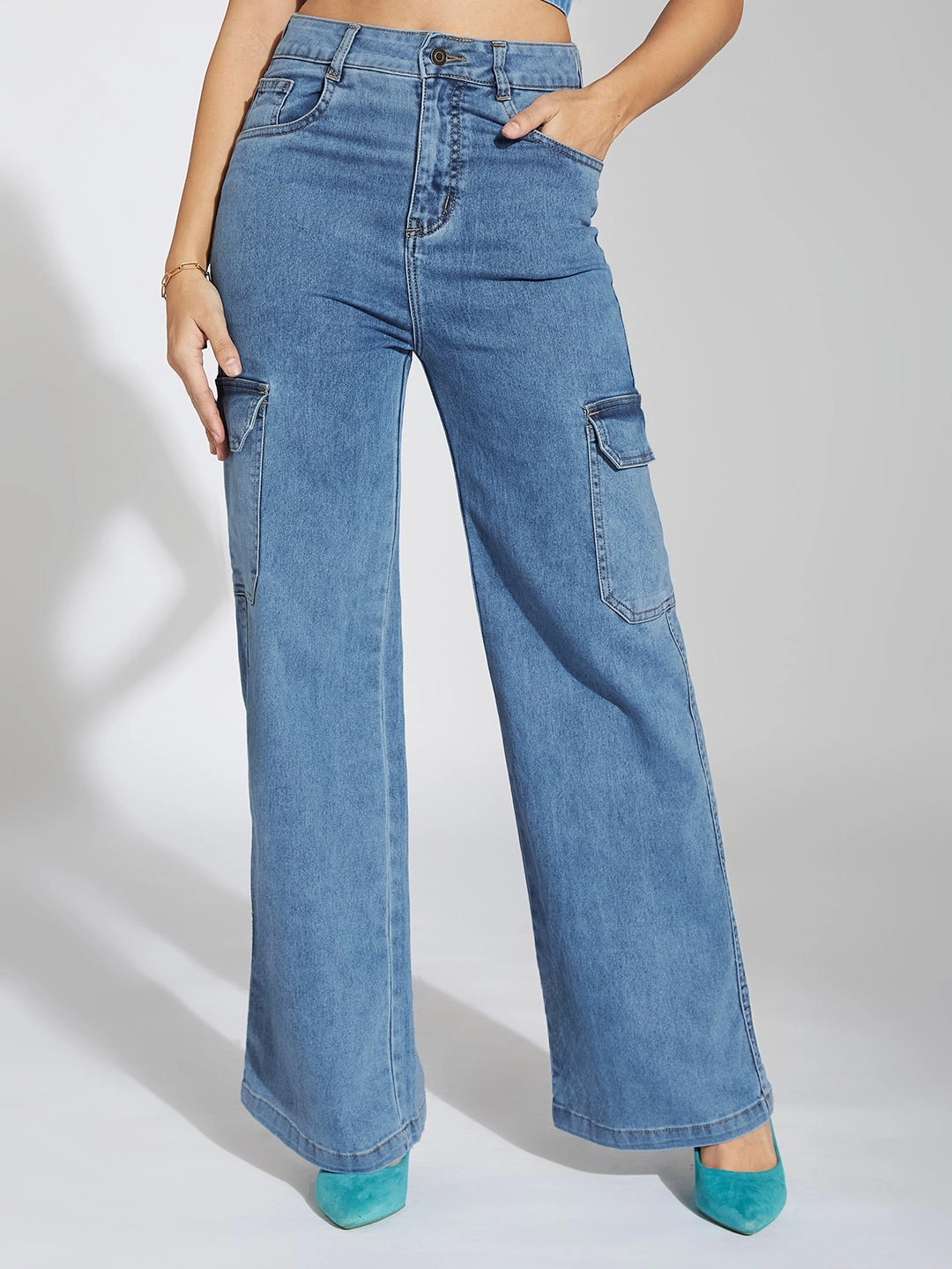 Temperature Regulating Fabric Must Have Wear Women's Blue Wide-Leg High-Rise Heavy Wash Stretchable Cargo Denim Jeans