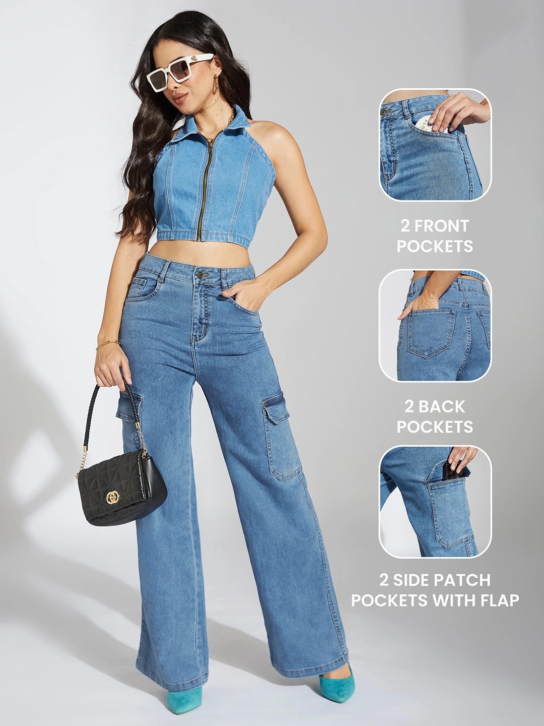 Women's Blue Wide-Leg High-Rise Heavy Wash Stretchable Cargo Denim Jeans Stylish Vibes