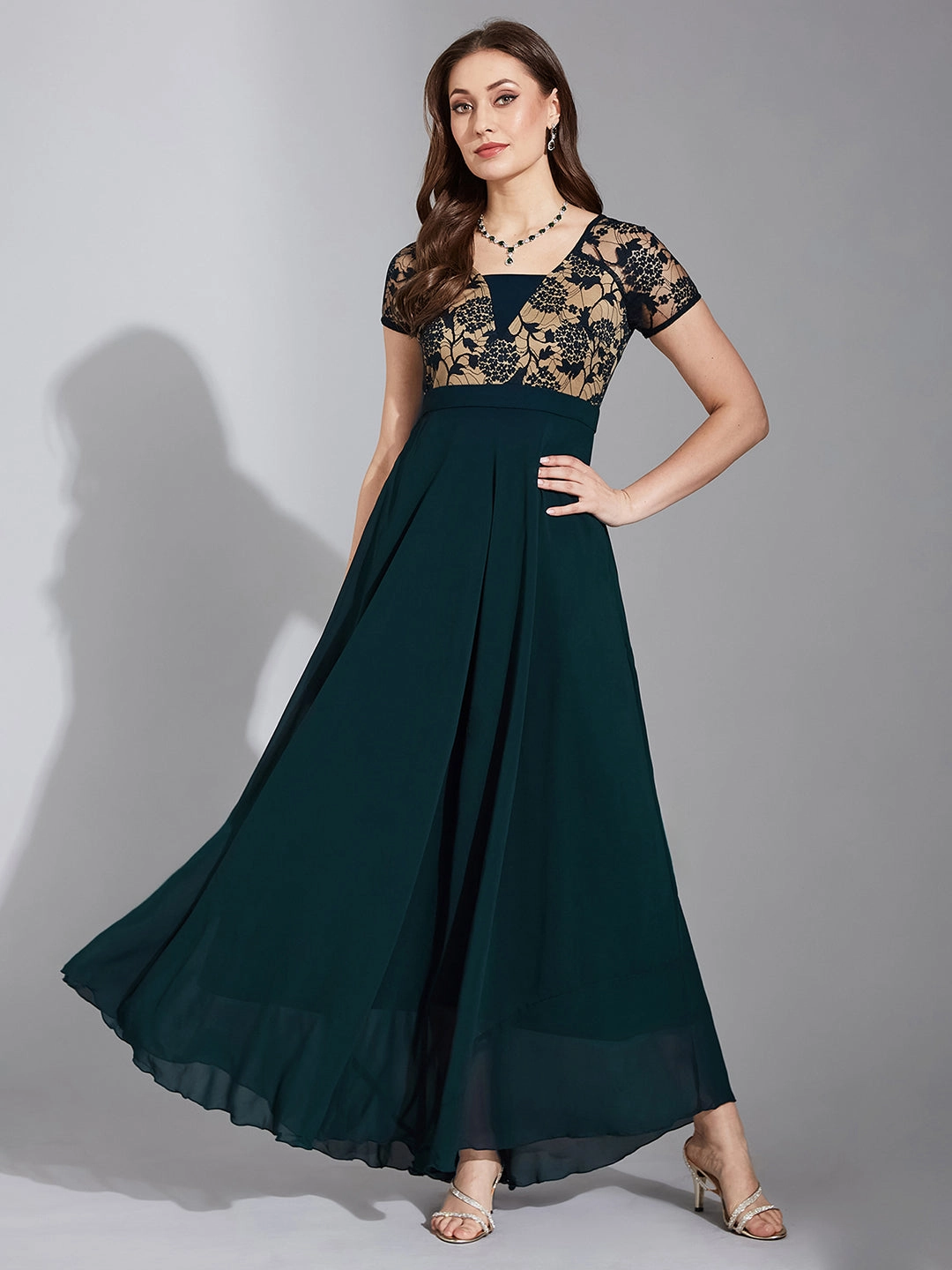 Stay Cool Women's Teal Square Neck Raglan Short Sleeve Self Design Lace Overlaid Georgette Maxi Dress