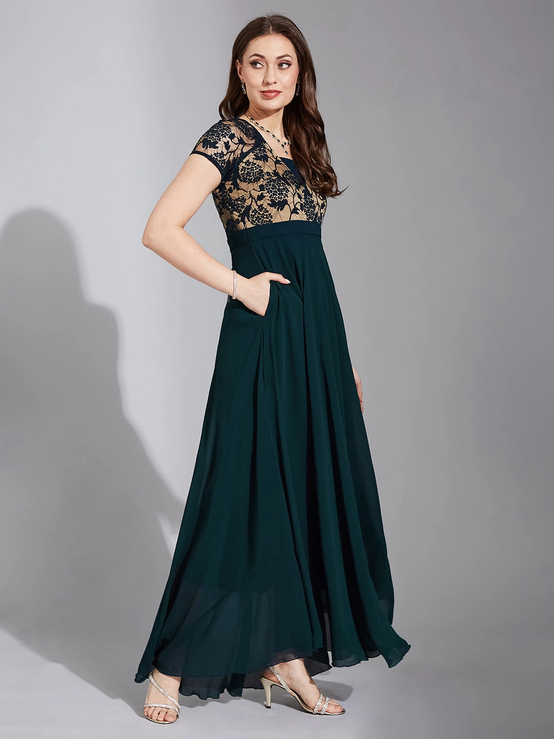 Lace Detail Lightweight Comfort Women's Teal Square Neck Raglan Short Sleeve Self Design Lace Overlaid Georgette Maxi Dress