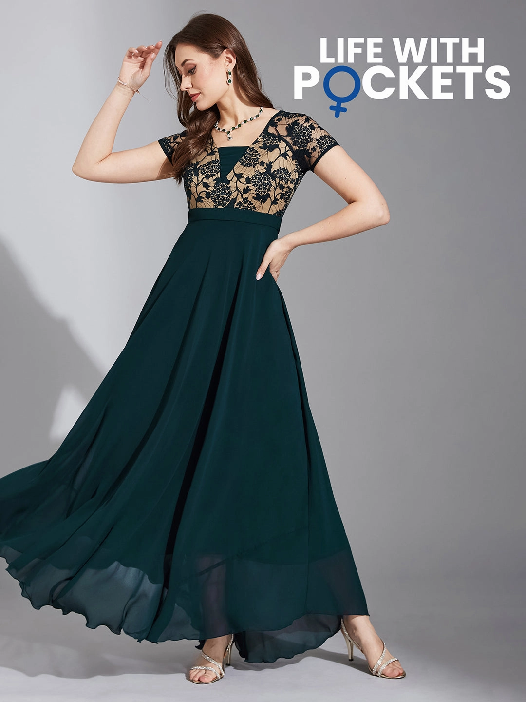 Women's Teal Square Neck Raglan Short Sleeve Self Design Lace Overlaid Georgette Maxi Dress Mid Season
