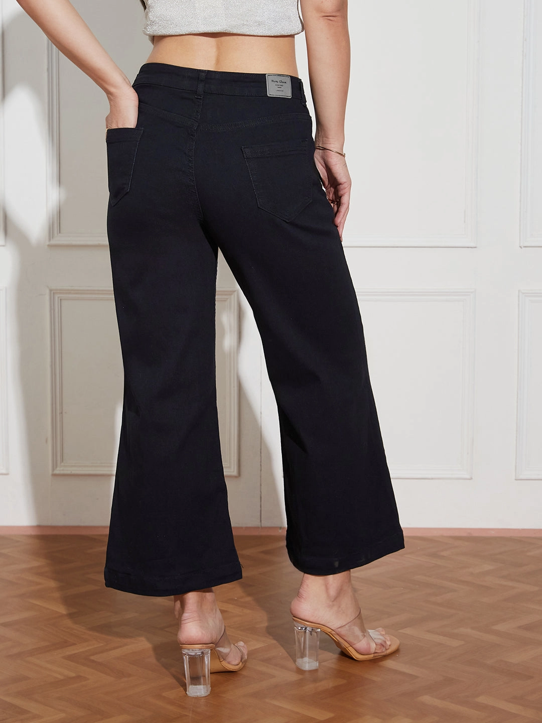 Premium Cotton Blend Women's Black Wide-Leg Mid Rise Clean Look Cropped Stretchable Denim Jeans