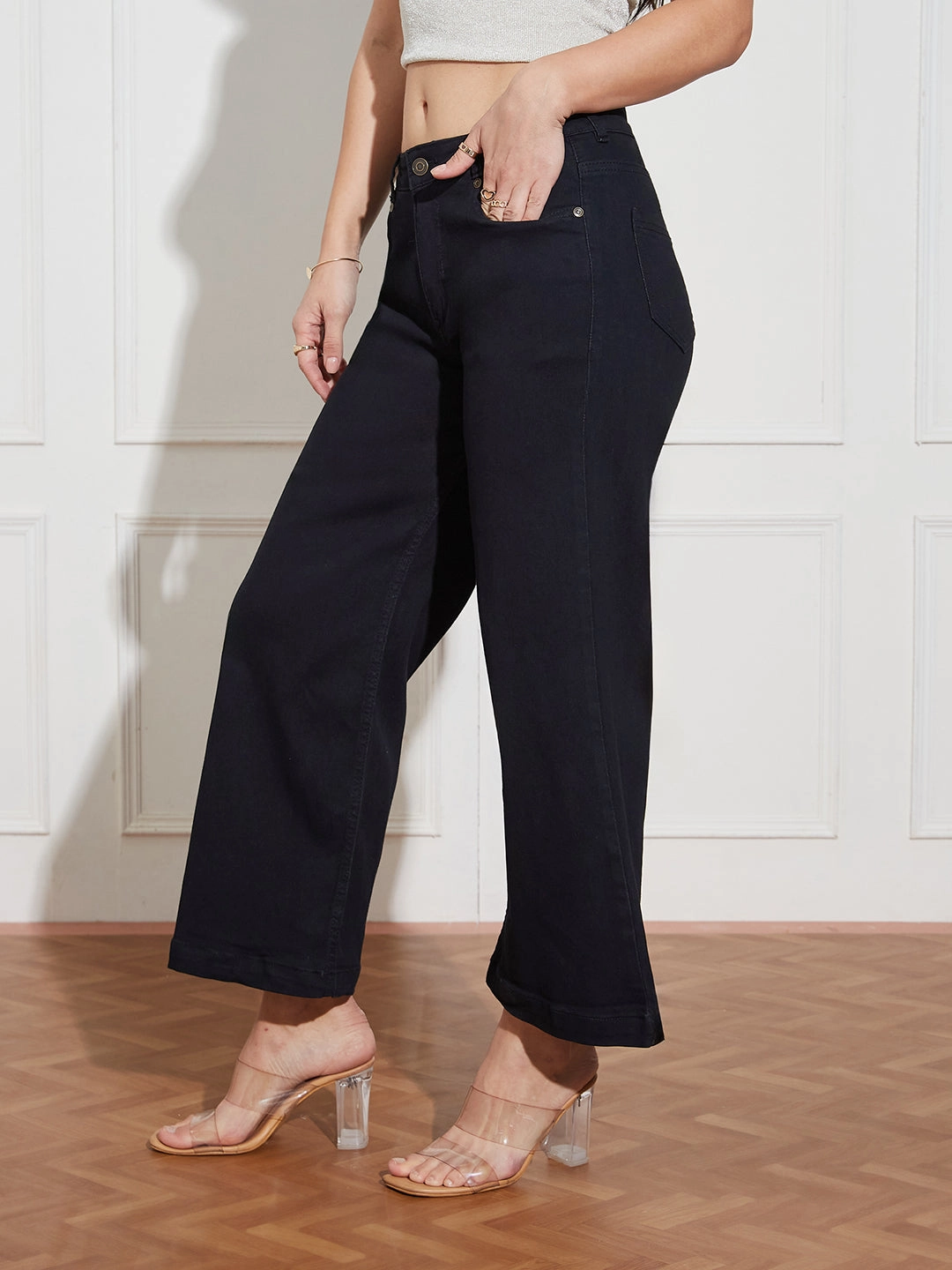 Professional Wear Artist Vibe Women's Black Wide-Leg Mid Rise Clean Look Cropped Stretchable Denim Jeans