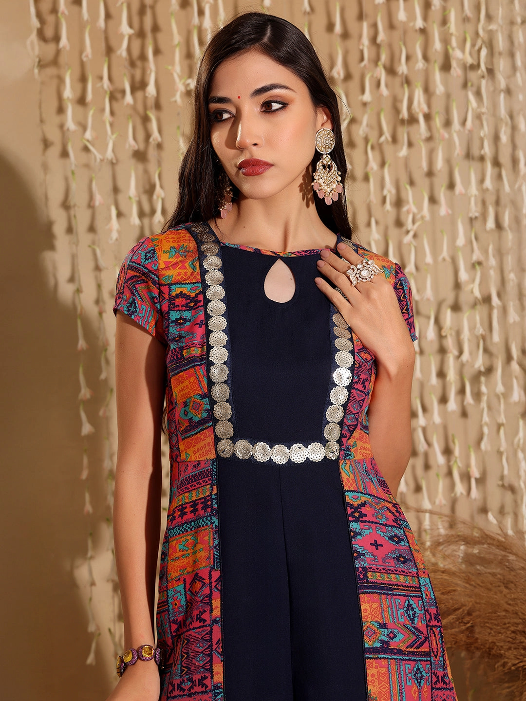 Women's Multicolored Keyhole-Neck Regular-Sleeve Bohemian Paneled Viscose-Rayon Regular-Length Jumpsuit Shiny Zip