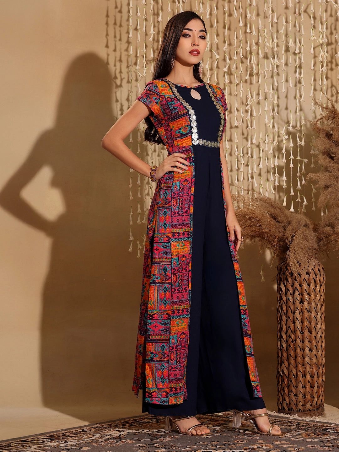 Floral-Pattern Soft Movement Women's Multicolored Keyhole-Neck Regular-Sleeve Bohemian Paneled Viscose-Rayon Regular-Length Jumpsuit