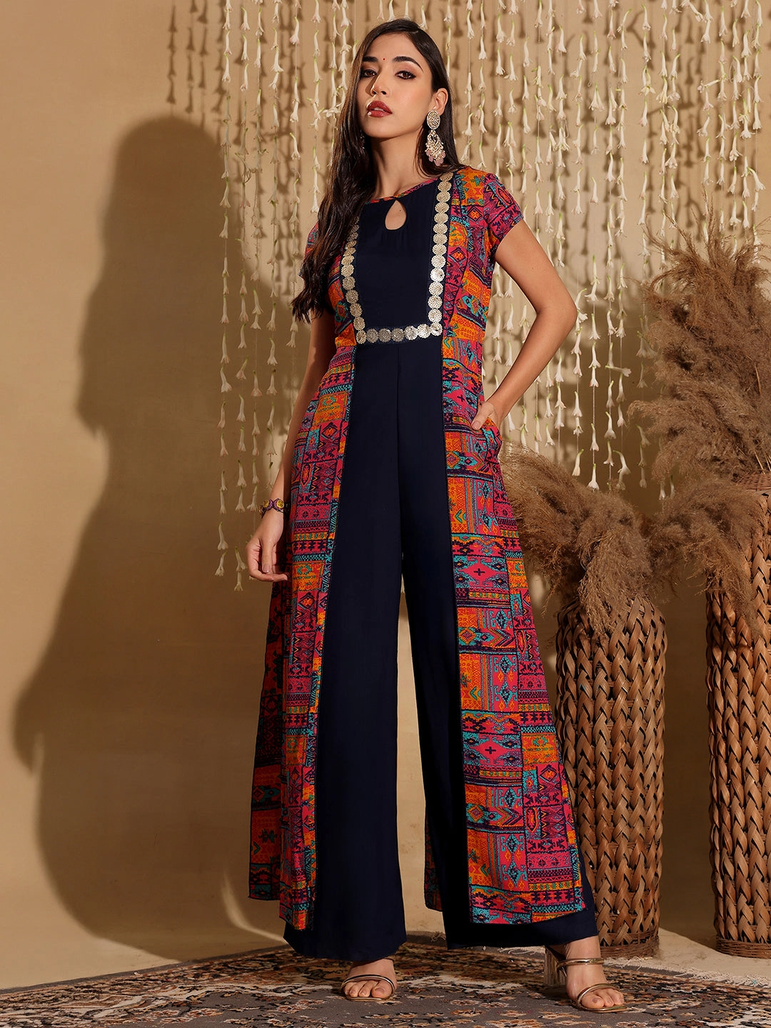 Luxe Wear All-Season Comfort Women's Multicolored Keyhole-Neck Regular-Sleeve Bohemian Paneled Viscose-Rayon Regular-Length Jumpsuit