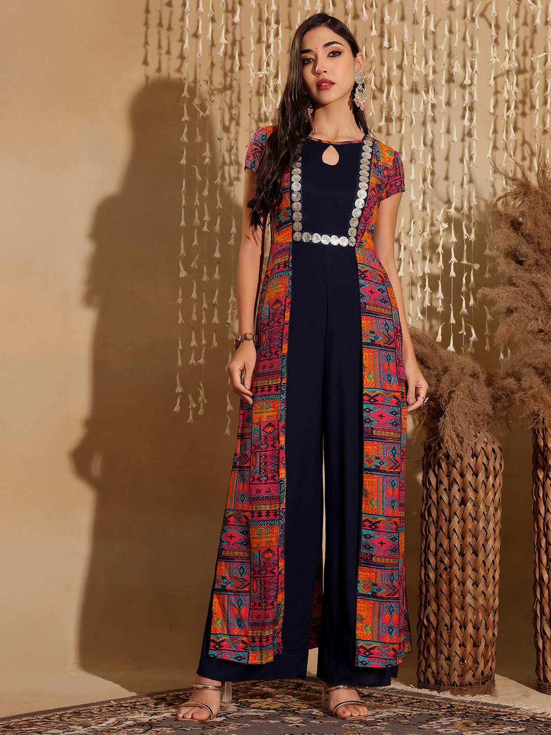 Women's Multicolored Keyhole-Neck Regular-Sleeve Bohemian Paneled Viscose-Rayon Regular-Length Jumpsuit Fashion Forward Relax Feel