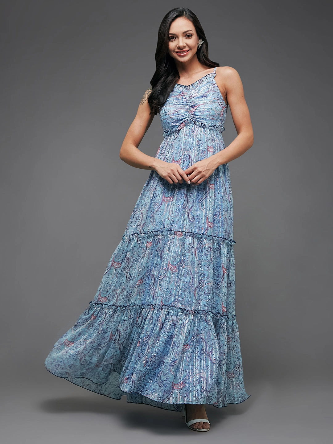 Cozy Energy Flattering and Effortless Women's Multicolored-Base-Sky Blue Sweetheart Neckline Adjustable Shoulder Strap Paisley Patterned Tiered Maxi Georgette Dress
