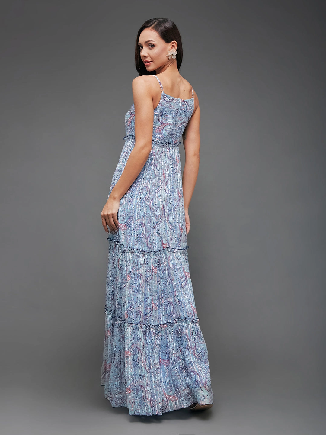 Women's Multicolored-Base-Sky Blue Sweetheart Neckline Adjustable Shoulder Strap Paisley Patterned Tiered Maxi Georgette Dress Perfect Waistband Lux Look