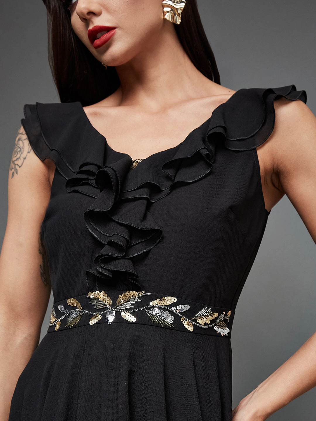 Practical-Style Cocktail Party Black Sleeveless Embroidered Ruffled Georgette Maxi Dress