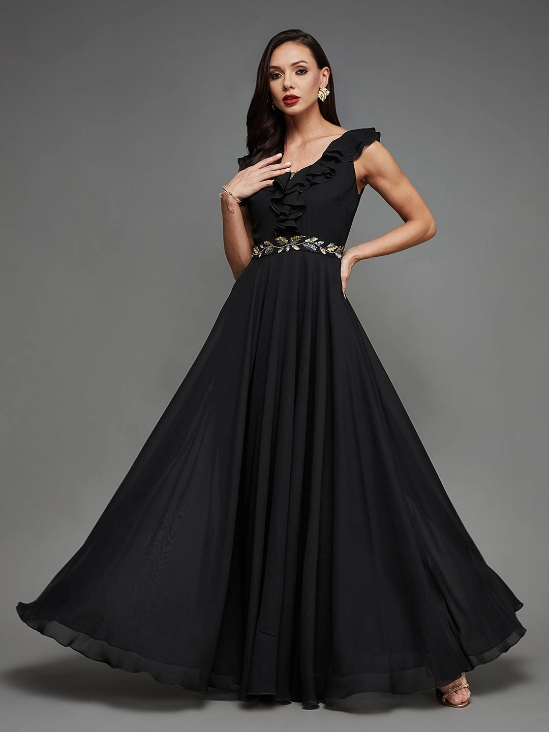 Color Pop Chic Wear Cocktail Party Black Sleeveless Embroidered Ruffled Georgette Maxi Dress