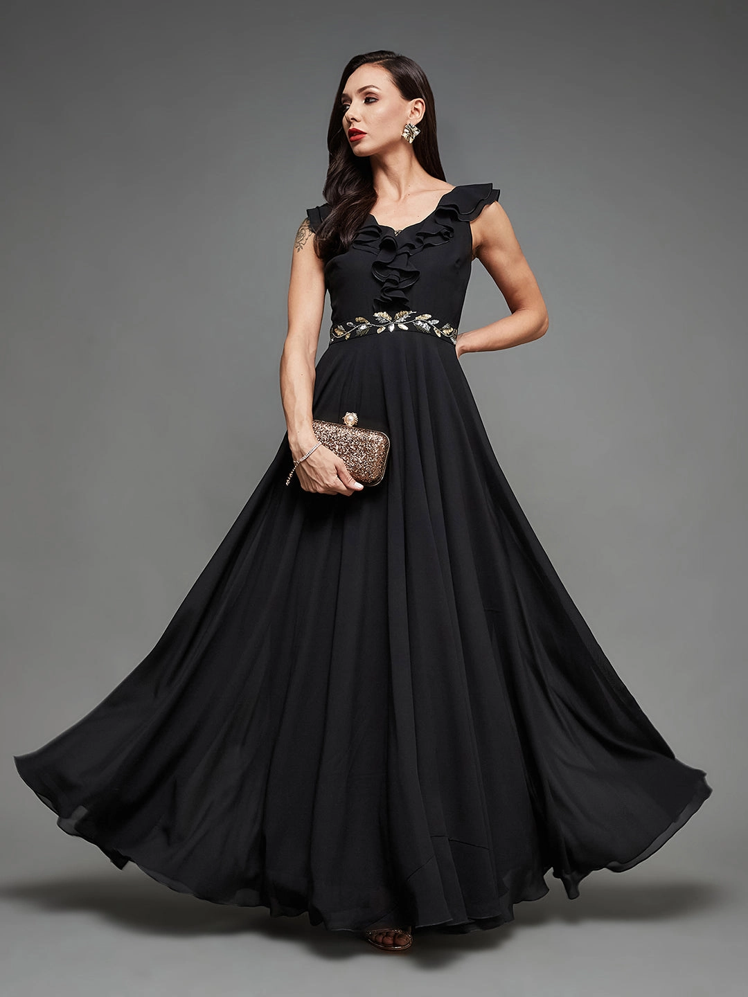 Cocktail Party Black Sleeveless Embroidered Ruffled Georgette Maxi Dress Breathable-Lining Cloud Light