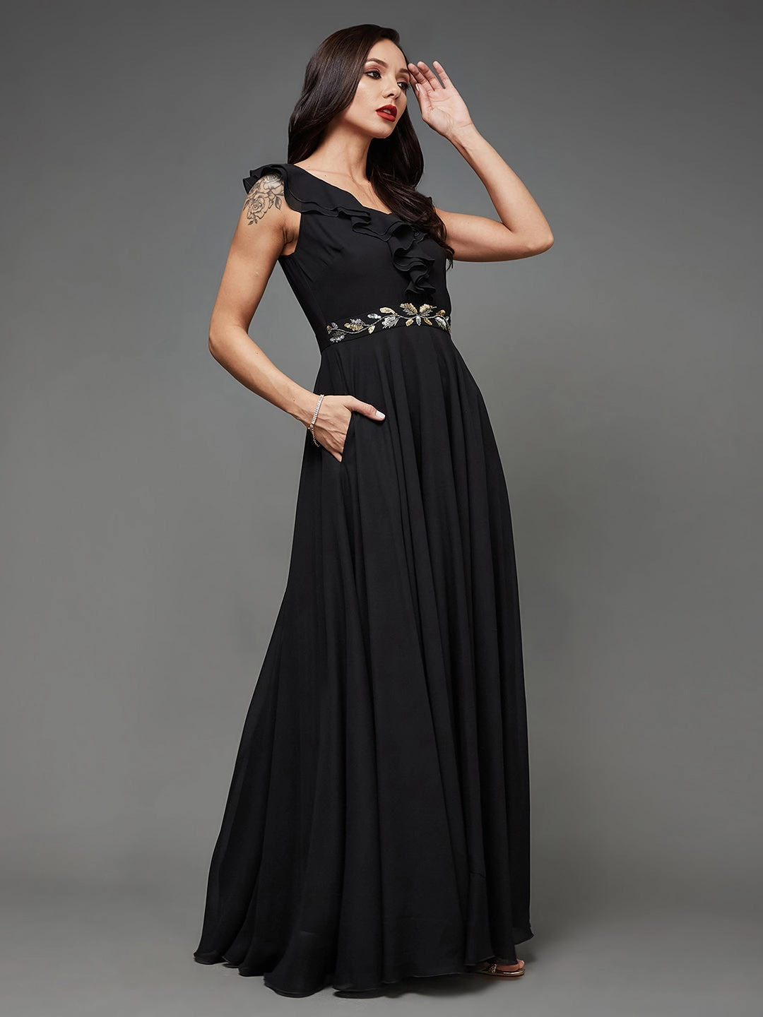 Stylish day dress Cocktail Party Black Sleeveless Embroidered Ruffled Georgette Maxi Dress