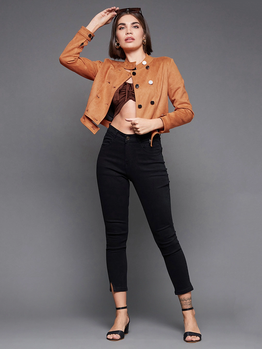 Women's Burnt Orange Mandarin Collar Full-Sleeve Solid Double Breasted Cropped Polyester Jacket Soft Shell Active Daily Wear