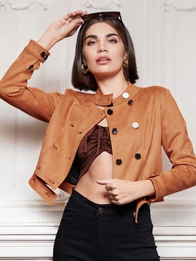 Insulated Layer LightweightConstruction Women's Burnt Orange Mandarin Collar Full-Sleeve Solid Double Breasted Cropped Polyester Jacket