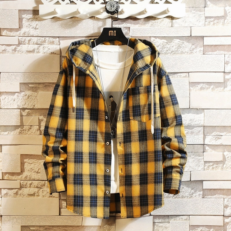 Button front West Louis? Streetwear Plaid Loose With Hooded Shirt