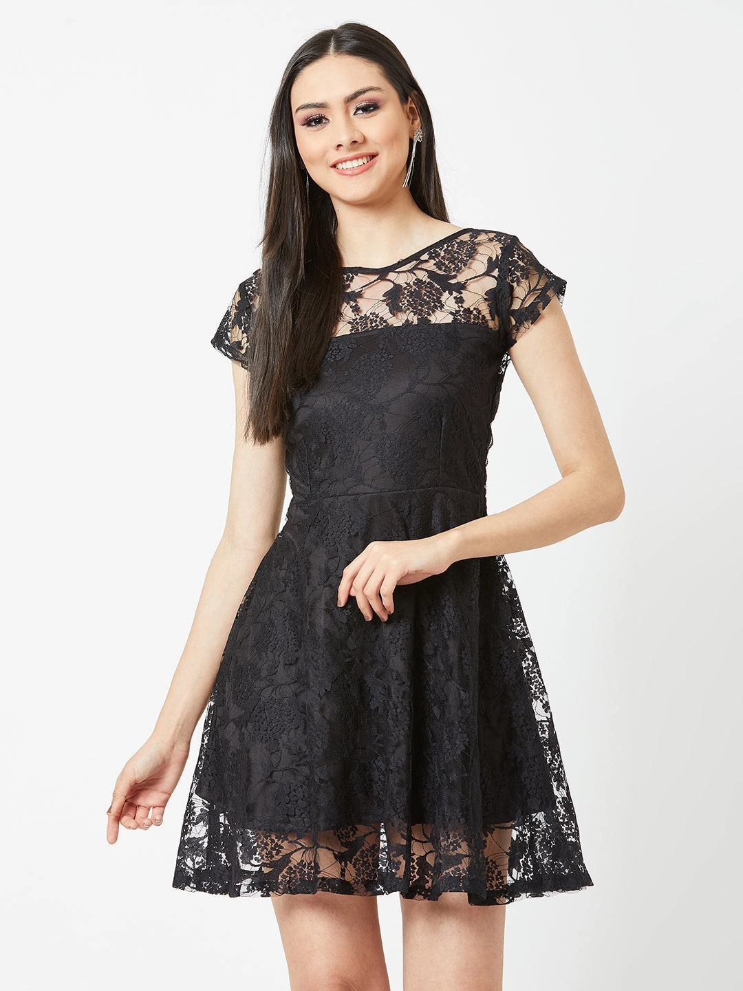 Women's Black Round Neck Cap Sleeves Low Back Lace Skater Dress Contrast-Panel Art-Gallery
