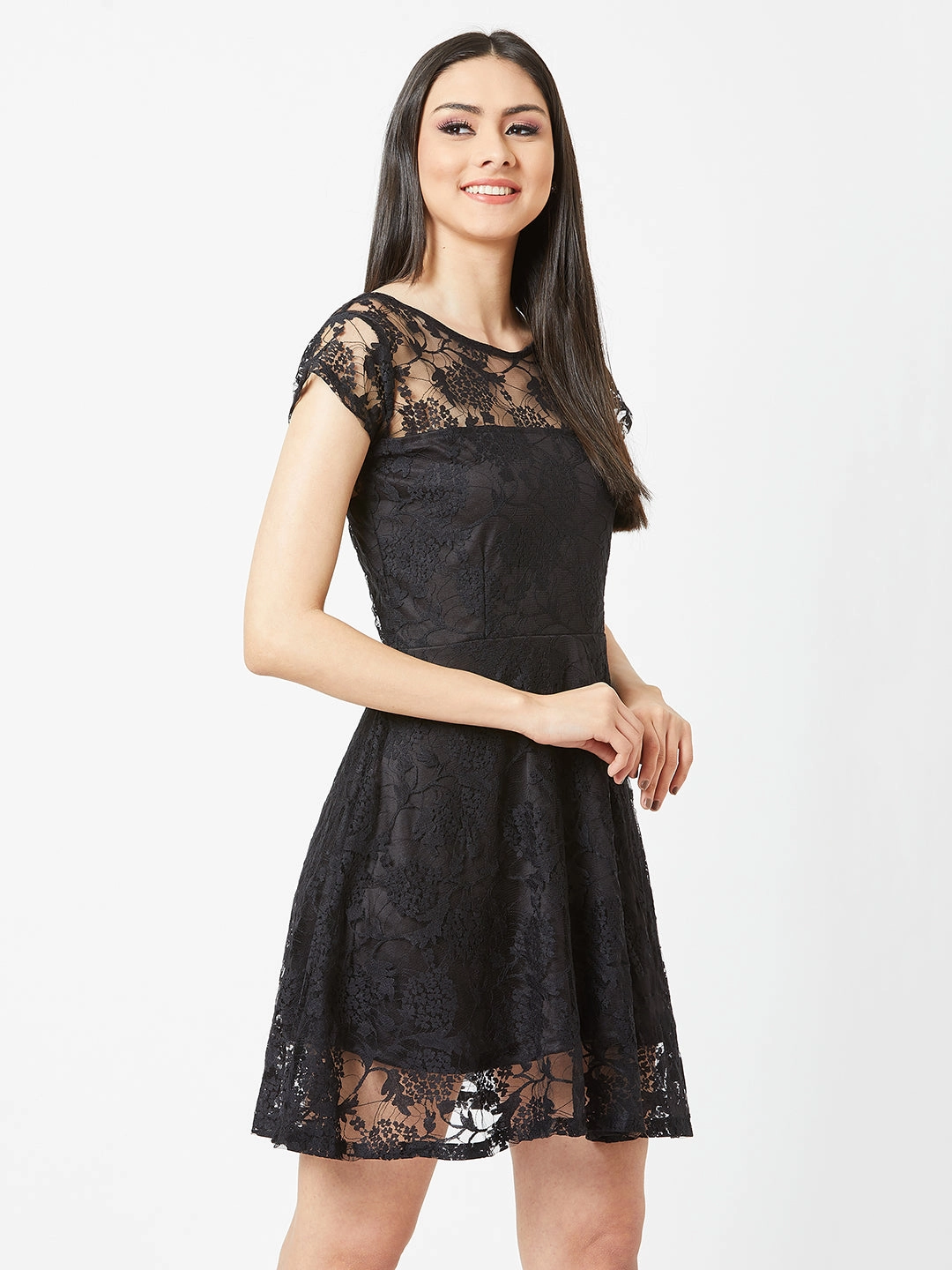 A Line Cut Garden Fresh Women's Black Round Neck Cap Sleeves Low Back Lace Skater Dress