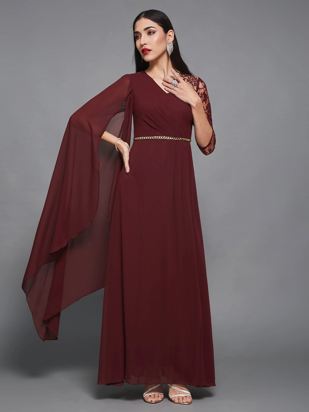 Comfortable Design Wear Shore Time Women's Wine V-Neck 3/4 Sleeve Self-Designed Asymmetric Georgette Maxi Dress
