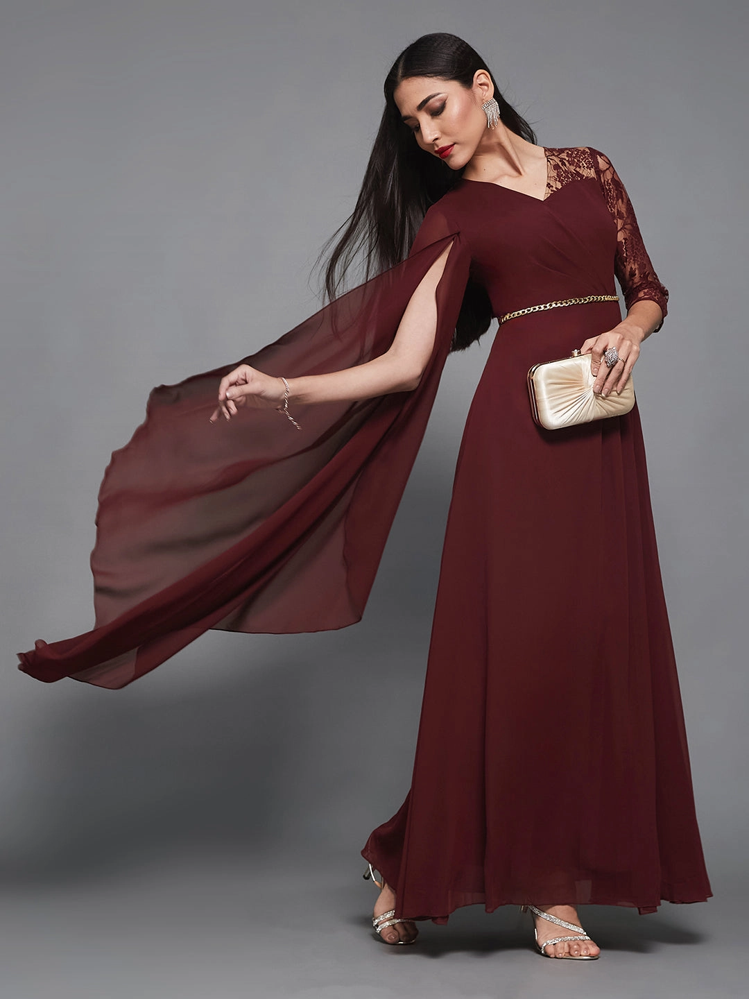 Women's Wine V-Neck 3/4 Sleeve Self-Designed Asymmetric Georgette Maxi Dress All Fitwear Bless Glow