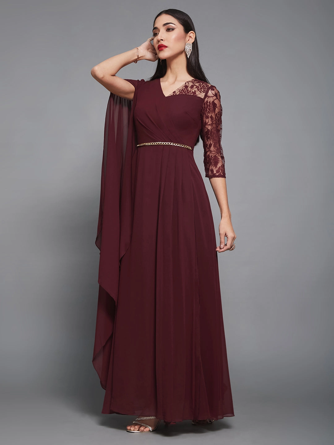 travel mode Women's Wine V-Neck 3/4 Sleeve Self-Designed Asymmetric Georgette Maxi Dress