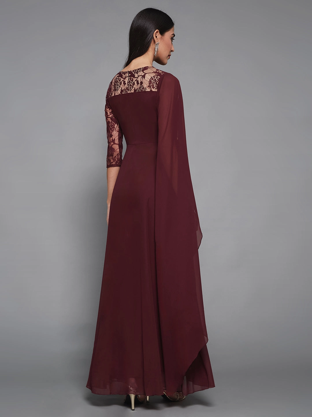 Feminine fit-and-flare silhouette Weekend Edge Women's Wine V-Neck 3/4 Sleeve Self-Designed Asymmetric Georgette Maxi Dress