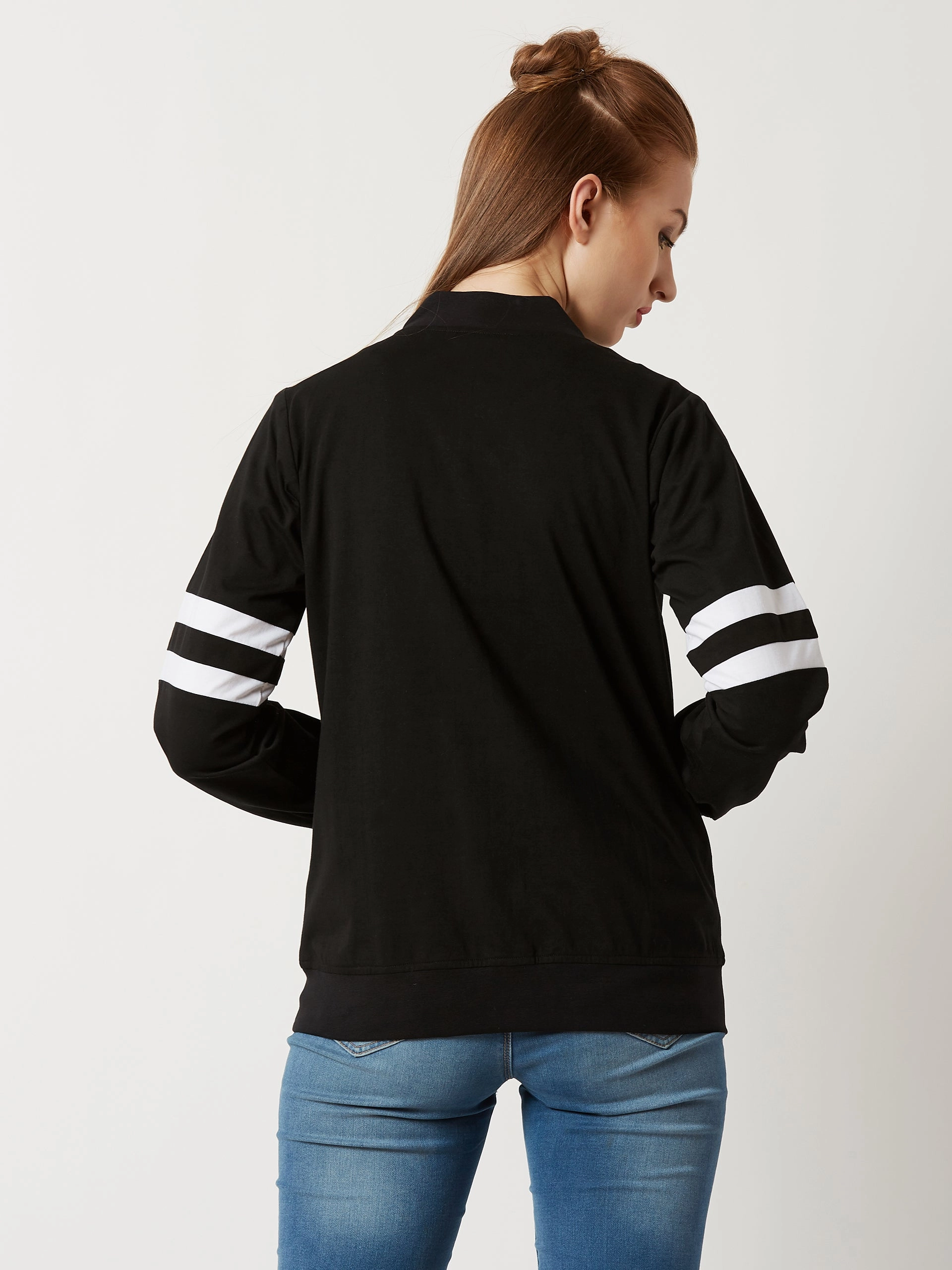 Heat Sealed Seams Women's Black Round Neck Full Sleeve Cotton Solid Stripe Detailing Bomber Jacket