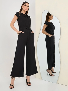 Calm Finish Upgrade-Option Women's Black Round Neck Cap Sleeve Solid Straight Leg Belted Maxi Jumpsuit