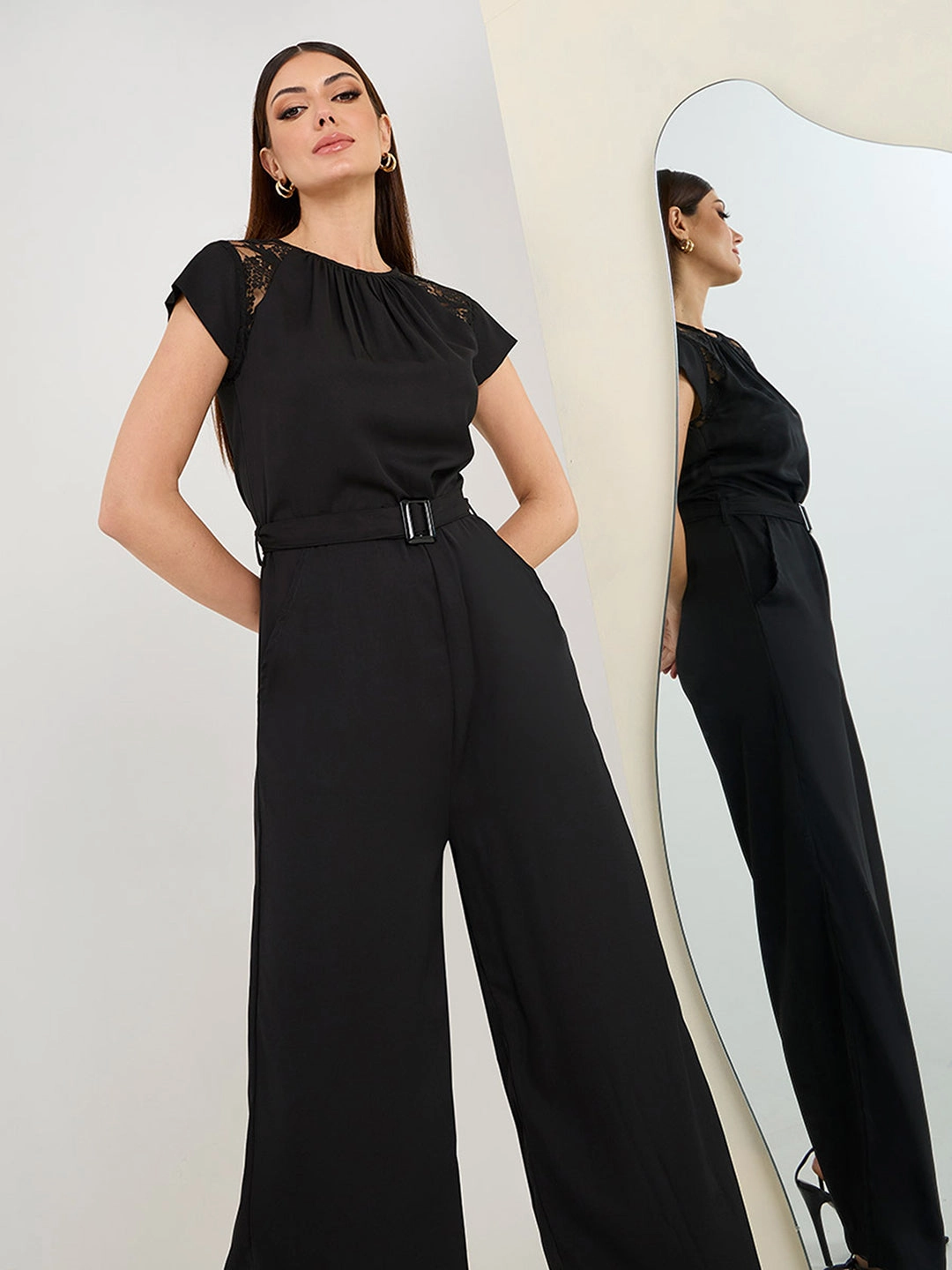 Chic Design Sleek Flex Women's Black Round Neck Cap Sleeve Solid Straight Leg Belted Maxi Jumpsuit