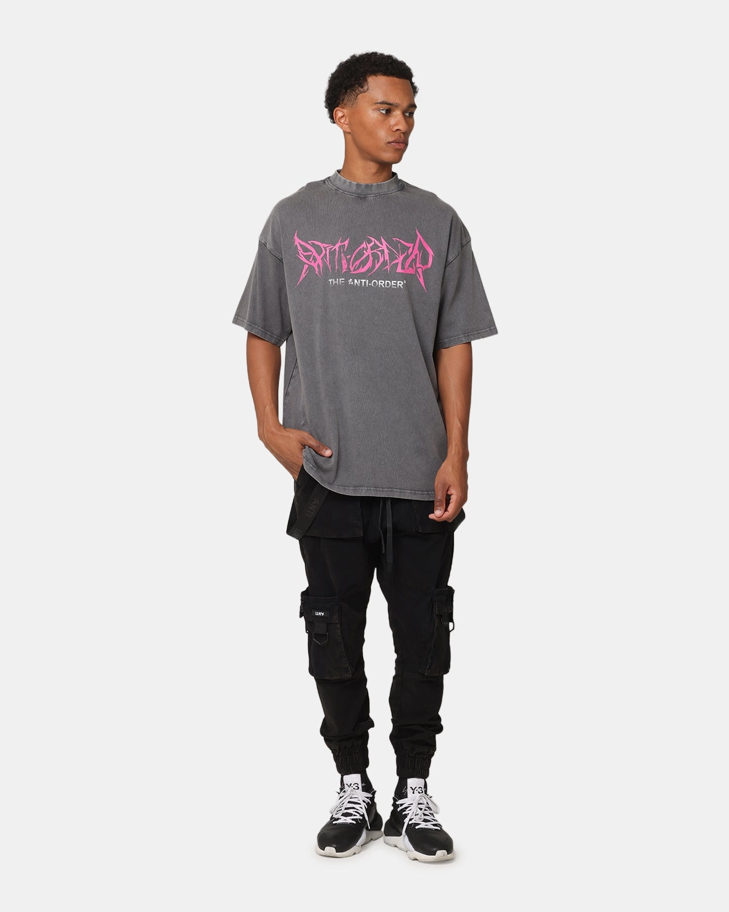 Layered Panel Design Self Fabric Tie The Anti Order GHXST Mock Neck T-Shirt Washed Charcoal