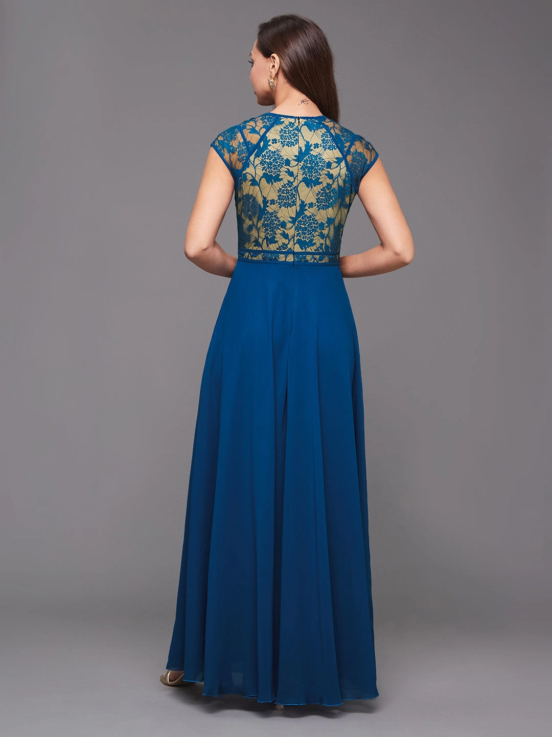 Women's Royal Blue Sweet-Heart Neck Cap-Sleeve Floral Fit & Flare Georgette Maxi Dress Soft Waist Youthful Look