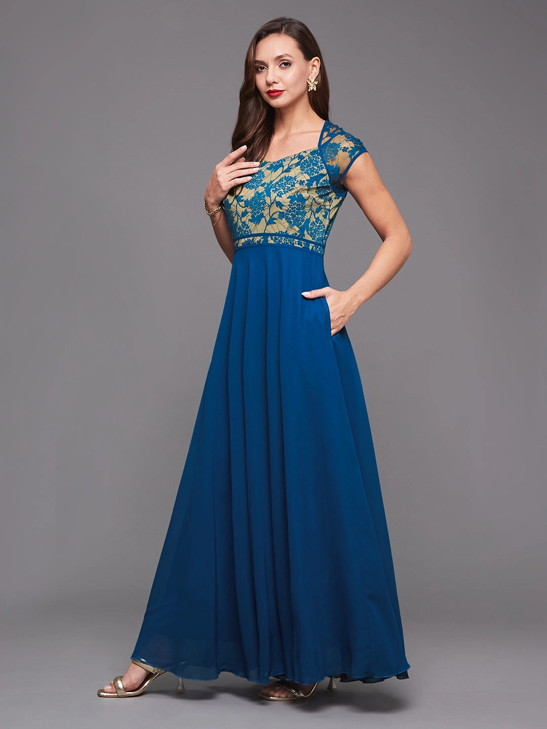 Women's Royal Blue Sweet-Heart Neck Cap-Sleeve Floral Fit & Flare Georgette Maxi Dress Natural Wrap