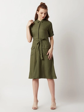 Women's Olive Green Round Neck Rolled Up Half Sleeve Solid Buttoned Paneled Midi Shirt Dress Light Rhythm High-Low-Hem