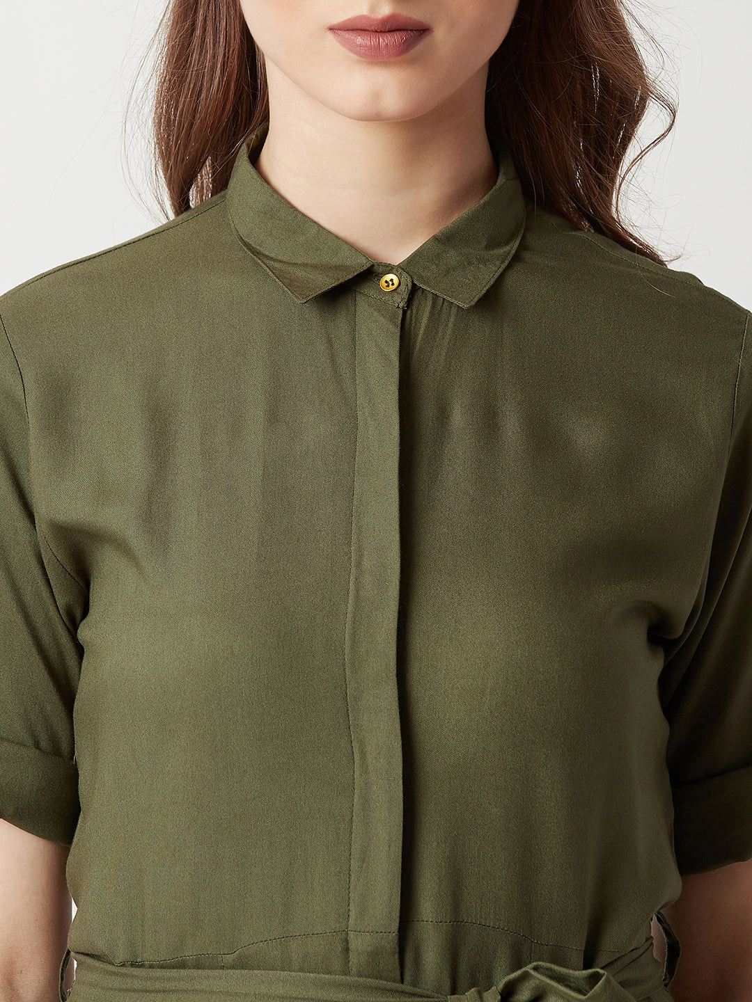 Women's Olive Green Round Neck Rolled Up Half Sleeve Solid Buttoned Paneled Midi Shirt Dress Elegant Comfort Modern Fit