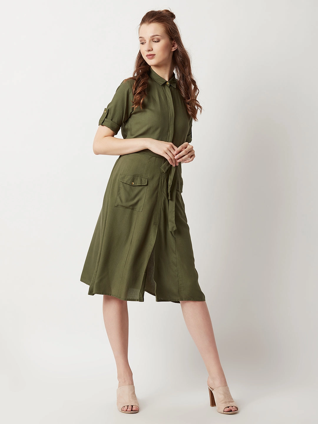 Women's Olive Green Round Neck Rolled Up Half Sleeve Solid Buttoned Paneled Midi Shirt Dress Perfect Cut All Fitwear