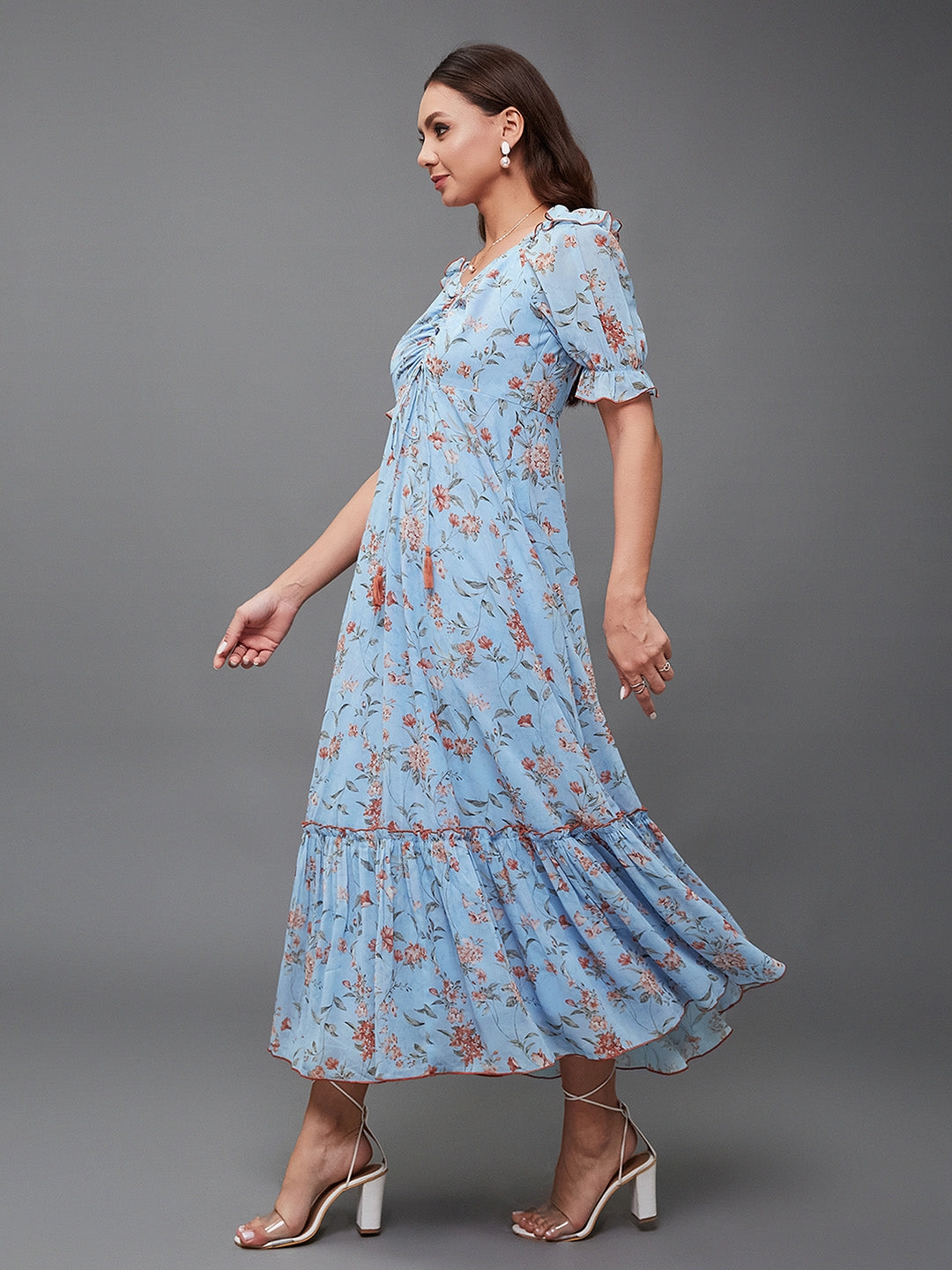 Women's Multicolored-Base-Powder Blue V-Neck Puff Sleeve Floral Ruching Ankle-Length Dress Vibrant evening gown Calm Outfit