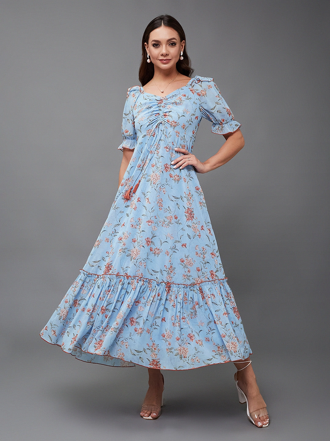 Women's Multicolored-Base-Powder Blue V-Neck Puff Sleeve Floral Ruching Ankle-Length Dress Soft Appeal Stain-Guard-Finish