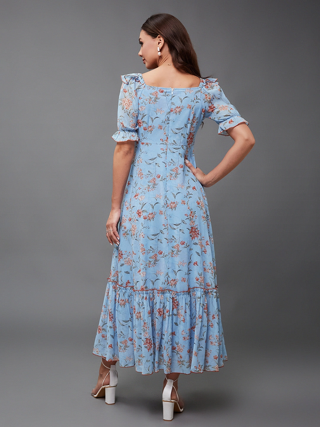 Soft fabric piece Women's Multicolored-Base-Powder Blue V-Neck Puff Sleeve Floral Ruching Ankle-Length Dress
