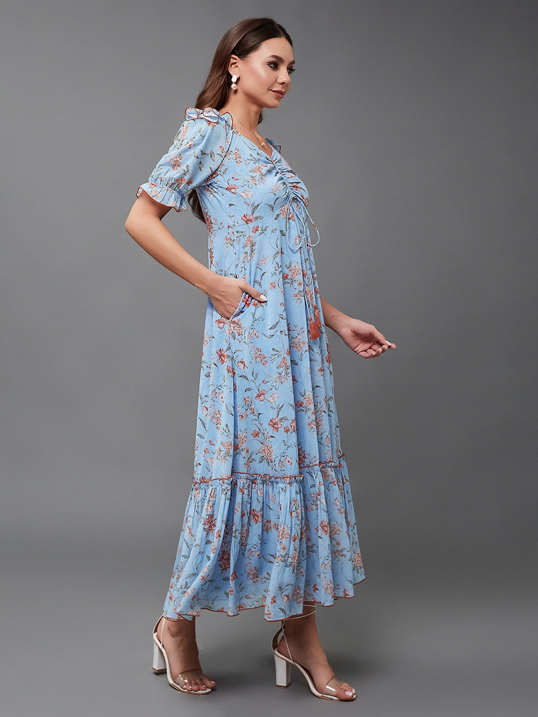 Floral design Women's Multicolored-Base-Powder Blue V-Neck Puff Sleeve Floral Ruching Ankle-Length Dress