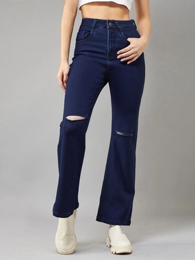 24/7 Comfort Navy-Blue Bell-Bottom Bootcut High-Rise Stretchable Ripped Denim Jeans Smart Casual Modern Rainy Day