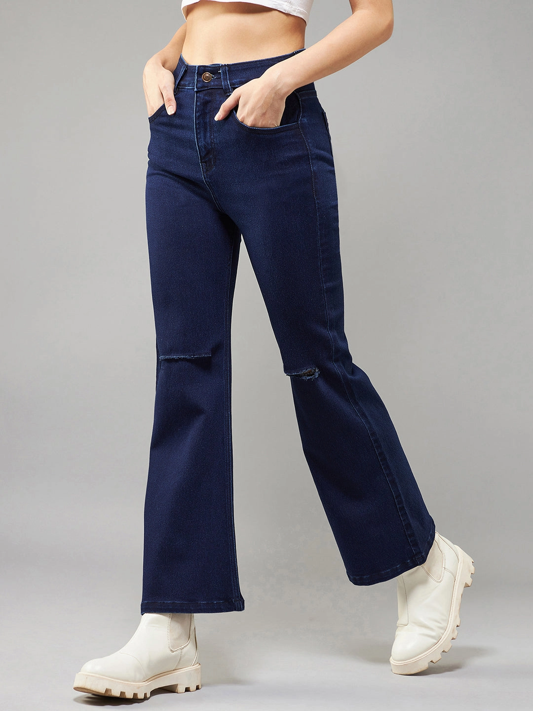 24/7 Comfort Navy-Blue Bell-Bottom Bootcut High-Rise Stretchable Ripped Denim Jeans Outdoor Adventure Adult Fashion Date Night Casual Friday