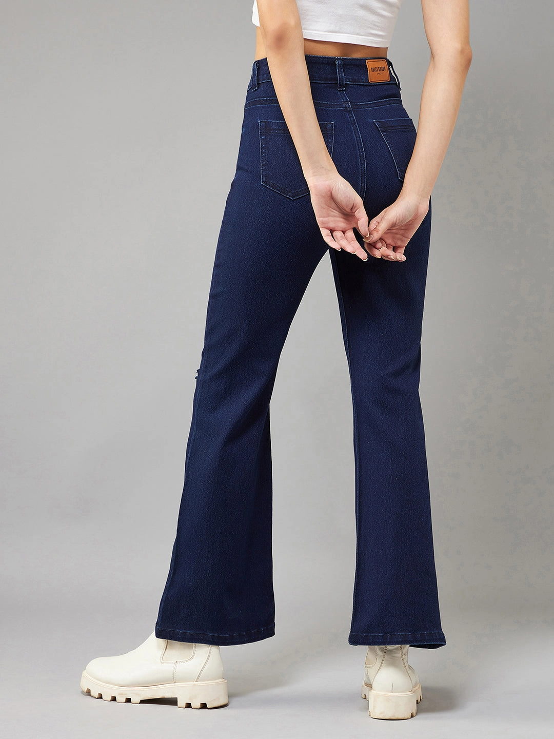 24/7 Comfort Navy-Blue Bell-Bottom Bootcut High-Rise Stretchable Ripped Denim Jeans Seasonal piece