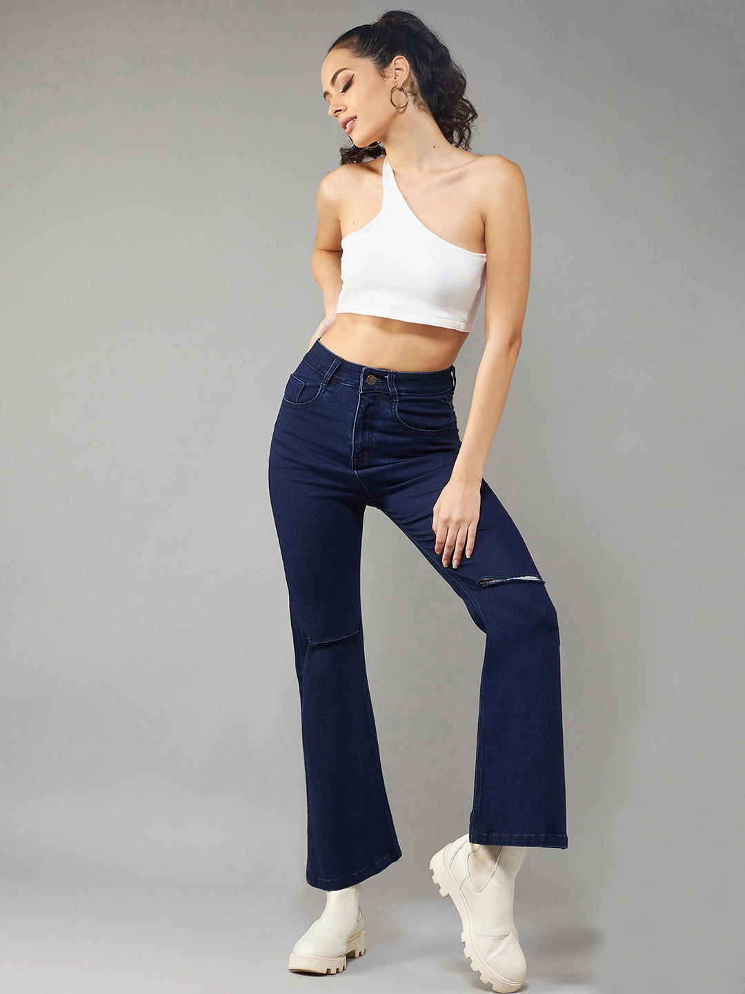 24/7 Comfort Navy-Blue Bell-Bottom Bootcut High-Rise Stretchable Ripped Denim Jeans Fashion Comfort