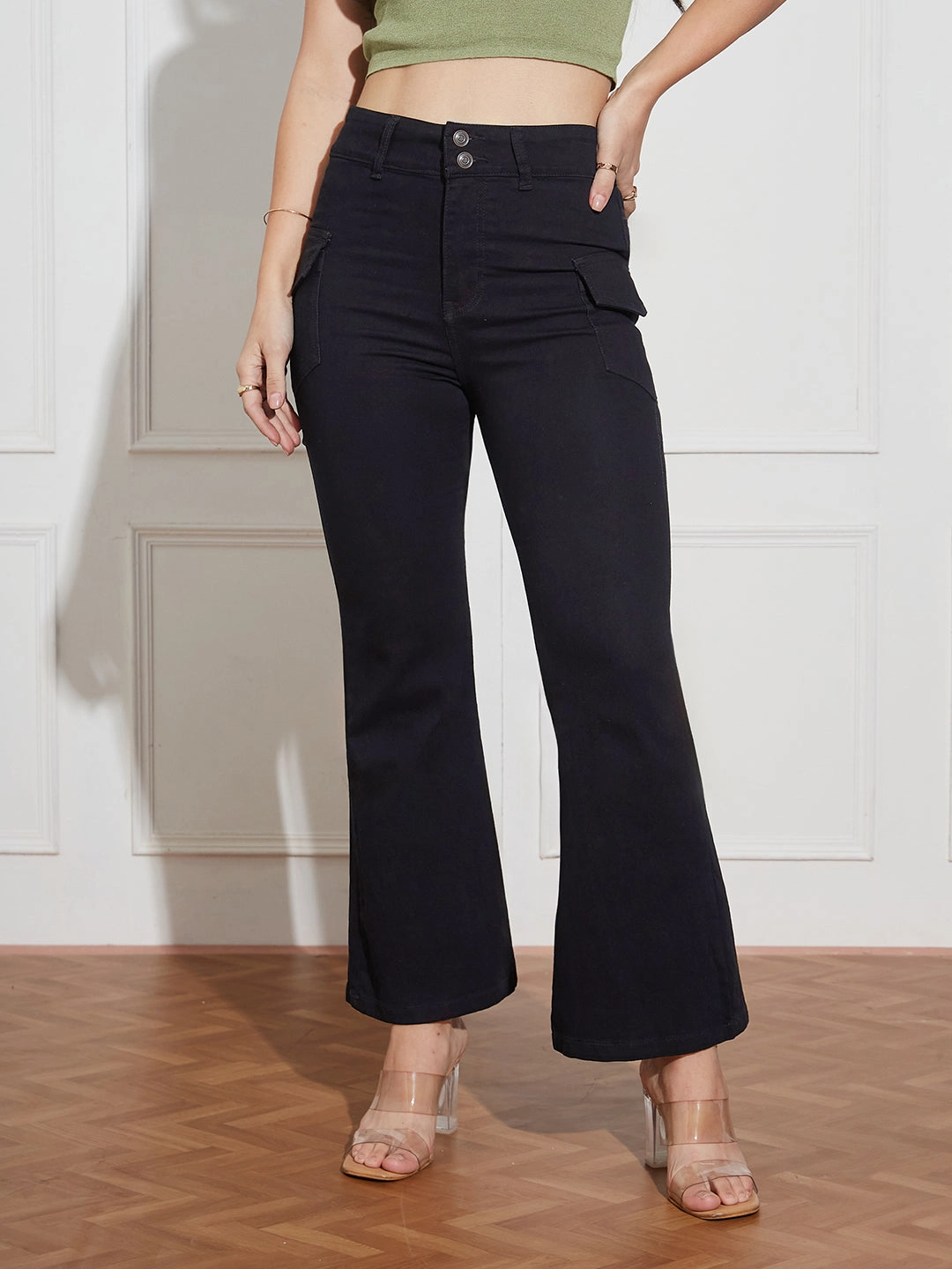 Women's Black Bootcut High Rise Clean Look Regular Length Stretchable Denim Jeans Wrinkle Free Fabric Treatment