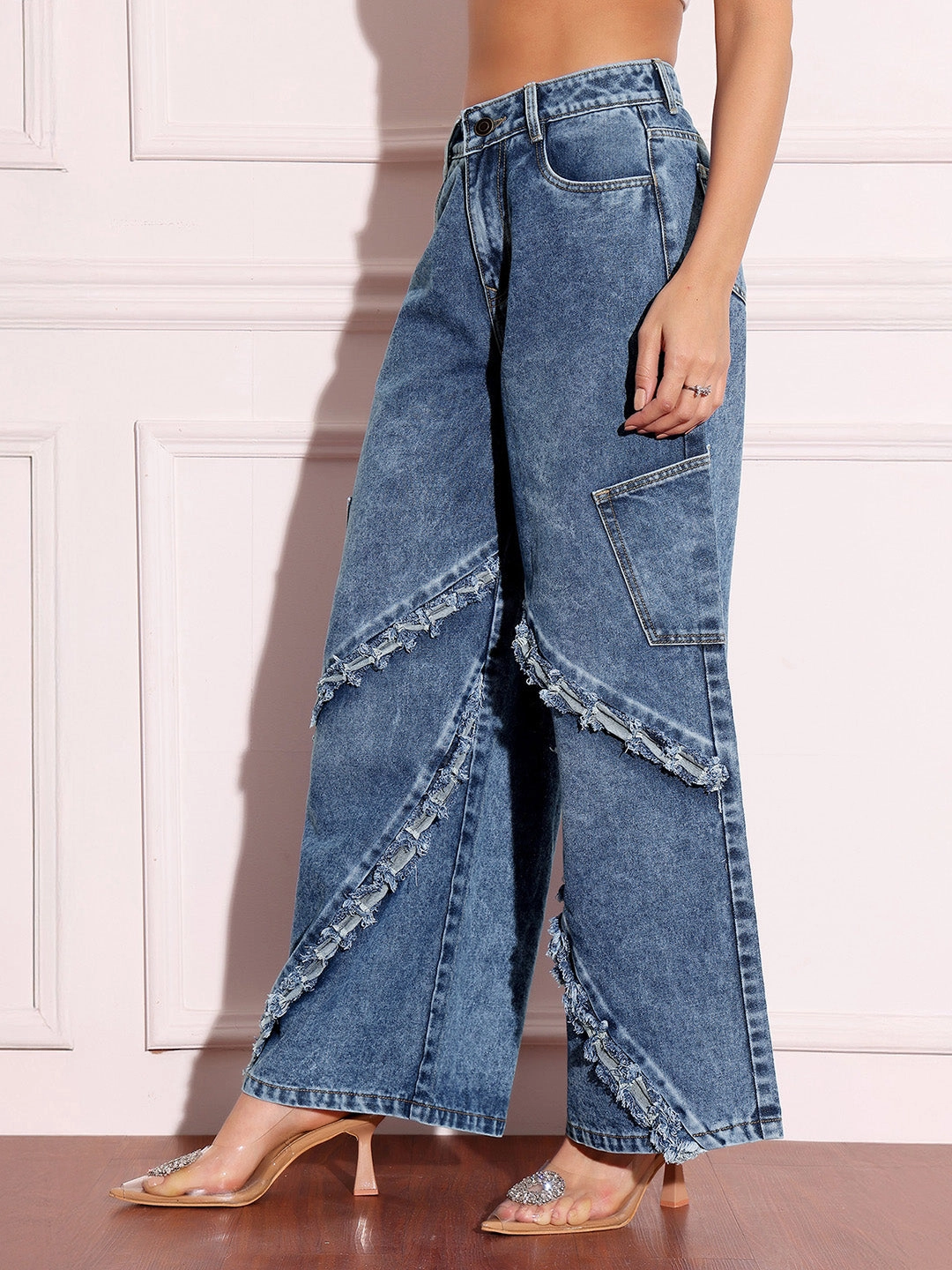 Active Touch Women's Navy-Blue Wide-Leg High-Rise Highly-Distressed Regular-Length Denim Jeans