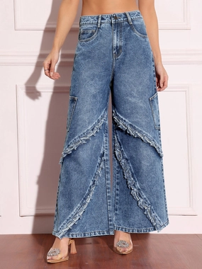 Women's Navy-Blue Wide-Leg High-Rise Highly-Distressed Regular-Length Denim Jeans Eco Conscious Denim Travel Outfit Casual Stretch