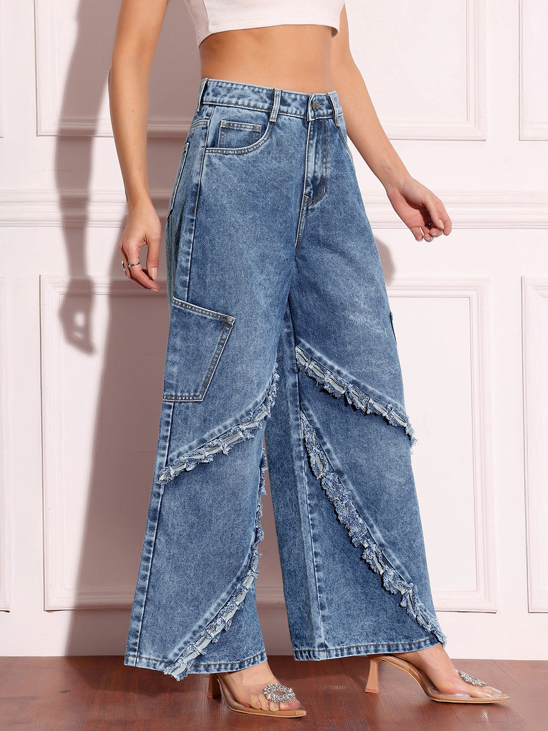 Women's Navy-Blue Wide-Leg High-Rise Highly-Distressed Regular-Length Denim Jeans Affordable Outdoor Adventure Artist Vibe Anywhere Fit