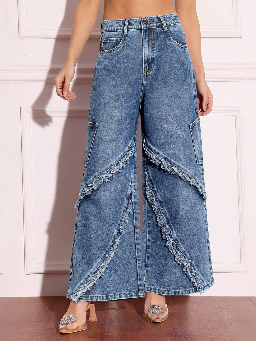 Women's Navy-Blue Wide-Leg High-Rise Highly-Distressed Regular-Length Denim Jeans Eco Conscious Denim Travel Outfit Casual Stretch